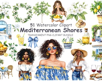 Watercolor Mediterranean Clipart Bundle, Lemon, Boho Fashion (51 PNG)