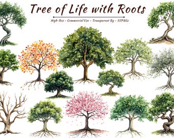 Watercolor Tree of Life Clipart, Botanical Roots PNG Bundle (Digital Download)