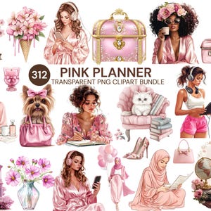Pink planner clipart bundle, chic fashion girl PNG, trendy girly clipart for digital planners and journal art
