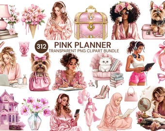 Pink Planner Clipart Bundle: 312 Fashion Girl PNG Illustrations (Digital Download