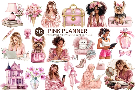 Pink Planner Clipart Bundle: 312 Fashion Girl PNG Illustrations (Digital Download