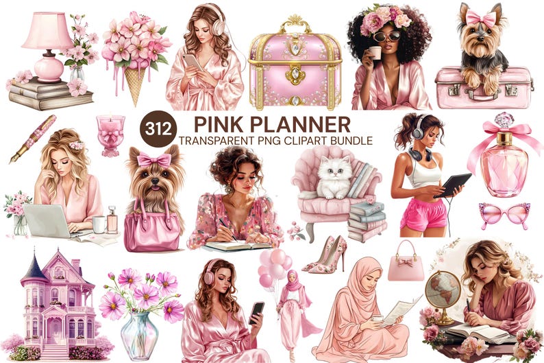 Pink planner clipart bundle, chic fashion girl PNG, trendy girly clipart for digital planners and journal art