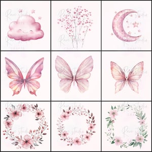 Puede incluir: Nueve ilustraciones en acuarela sobre fondo blanco. Las im&aacute;genes incluyen una nube rosa con una cara sonriente, un racimo de flores rosas, una luna creciente rosa con estrellas, tres mariposas y tres coronas florales. El texto "Rare Studio Crafts" est&aacute; presente.