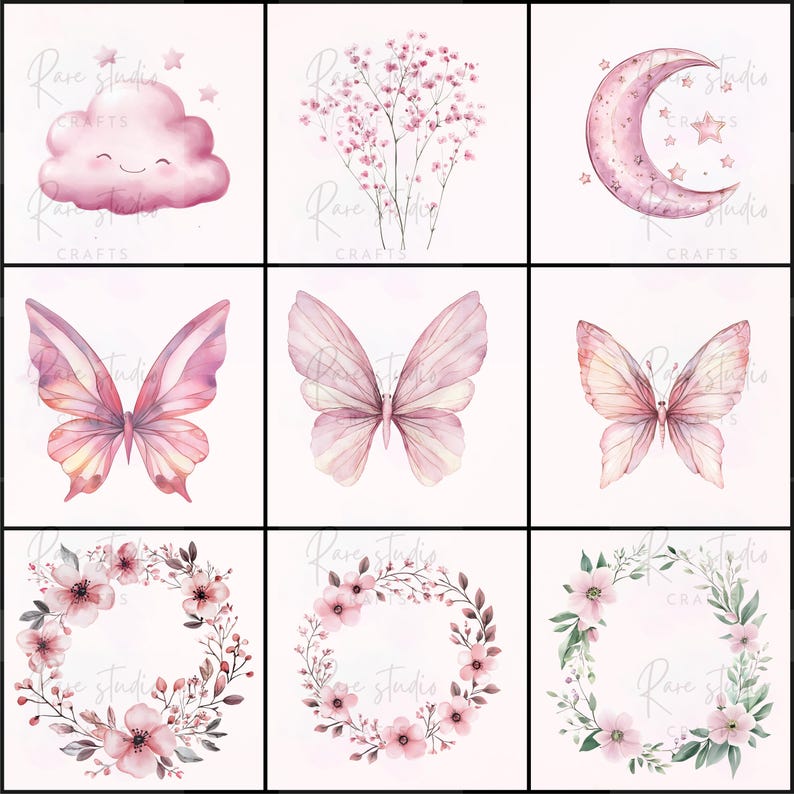 Puede incluir: Nueve ilustraciones en acuarela sobre fondo blanco. Las im&aacute;genes incluyen una nube rosa con una cara sonriente, un racimo de flores rosas, una luna creciente rosa con estrellas, tres mariposas y tres coronas florales. El texto "Rare Studio Crafts" est&aacute; presente.