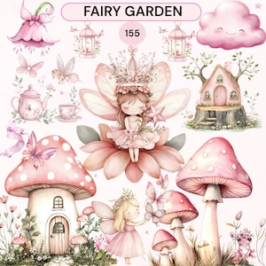 May include: Watercolor illustration with the text "FAIRY GARDEN" and the number "155". The image features a collection of fairy-themed elements, including fairies, mushrooms, houses, butterflies, and lanterns, all in soft pink and pastel colors.