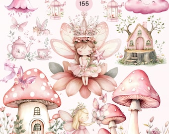 Fairy Garden Clipart, Pink Mushroom Fairy Art, Kids Fantasy PNG, Nursery Wall, Digital Download