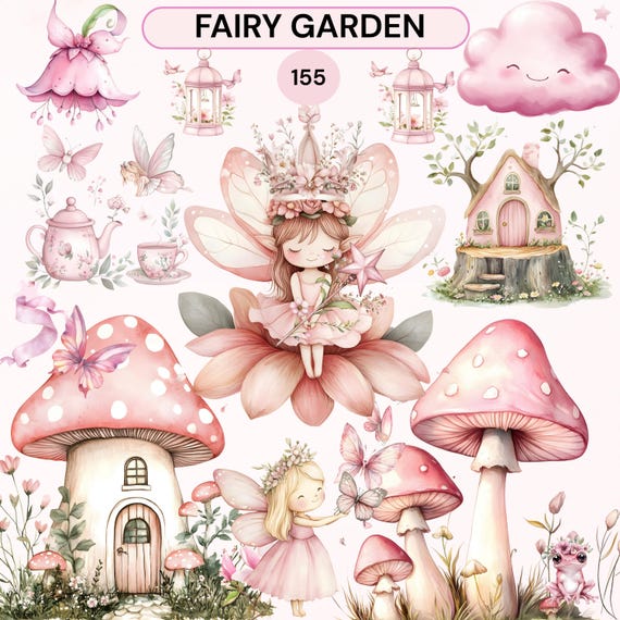 Fairy Garden Clipart, Pink Mushroom Fairy Art, Kids Fantasy PNG, Nursery Wall, Digital Download