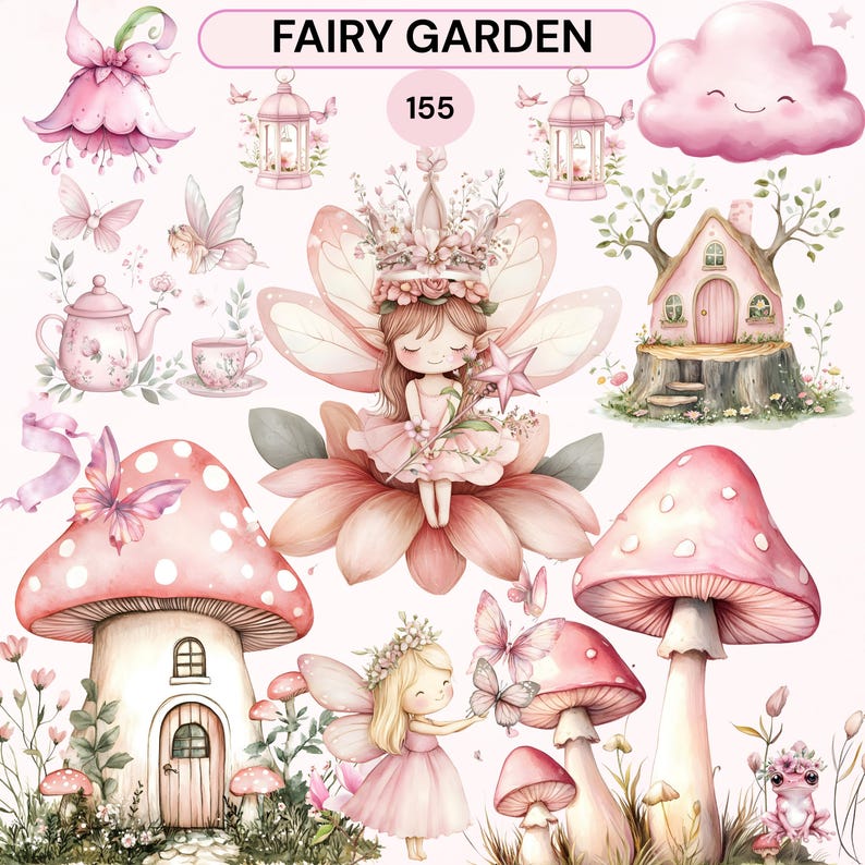 fairy sitting on flower with pink mushrooms, fairy garden illustration, pastel fantasy art for kids and nursery decor