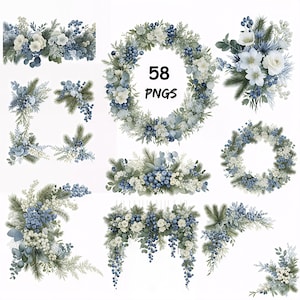 Op de afbeelding: Een collectie van 58 digitale PNG-grafische elementen met winterse bloemstukken, kransen en slingers bestaande uit blauwe bessen, witte bloemen, dennennaalden en eucalyptusbladeren in diverse decoratieve composities.