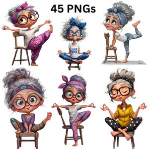 Senior Frauen Stuhl Yoga Clipart Set 45 PNG Hohe Auflösung Kommerzielle Nutzung Meditation Fitness Kunst