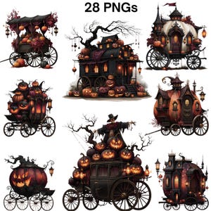 Puede incluir: Una colección de 28 ilustraciones digitales en formato PNG que muestran carruajes, vagones y estructuras de Halloween de estilo gótico oscuro, adornados con calabazas brillantes, árboles desnudos y faroles.