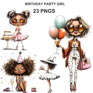 Puede incluir: Ilustración digital con cuatro figuras de dibujos animados, cada una diseñada para una fiesta de cumpleaños. La imagen incluye el texto "BIRTHDAY PARTY GIRL" y "23 PNGS". Las figuras visten diferentes atuendos y sostienen globos, pastel y champán.