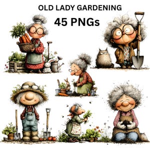 May include: Digital art featuring cartoon illustrations of an elderly gardener with gardening tools and vegetables. The image includes the text "OLD LADY GARDENING" and "45 PNGs". The illustrations depict various gardening activities.