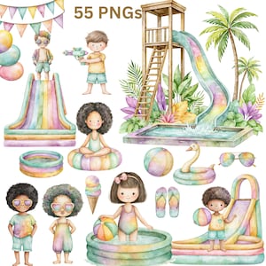 May include: A collection of 55 watercolour-style digital illustrations featuring children in summer attire, inflatable pools, water slides, palm trees, beach balls, a swan float, ice cream, and sunglasses, all rendered in a soft pastel colour palette.