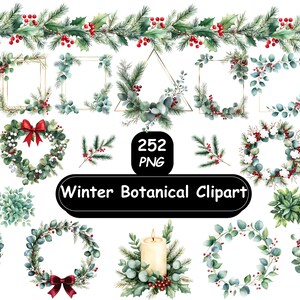 May include: Watercolor winter botanical clipart featuring wreaths, frames, and sprigs with eucalyptus, holly, and berries. Includes a heart-shaped wreath with a red bow and a candle arrangement. The image has the text "Winter Botanical Clipart".