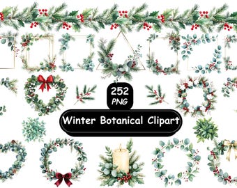 May include: Watercolor winter botanical clipart featuring wreaths, frames, and sprigs with eucalyptus, holly, and berries. Includes a heart-shaped wreath with a red bow and a candle arrangement. The image has the text "Winter Botanical Clipart".