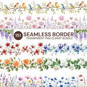 Pode incluir: Uma coleção de bordas sem costura em aquarela com pássaros, flores e folhagens. As bordas incluem imagens de pássaros em galhos, várias flores e arranjos florais. O texto "151 SEAMLESS BORDER TRANSPARENT PNG CLIPART BUNDLE" também está incluído.