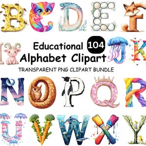 Clipart de alfabeto educacional, letras em aquarela PNG, clipart de letras de animais, decoração de berçário, clipart de chá de bebê, aprendizagem escolar PNG