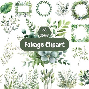 Aquarel gebladerte clipartbundel | Groen Frames Krans Bladeren | Botanisch png-bestand | Direct downloaden | 63 Clipart voor uitnodigingen, plakboek