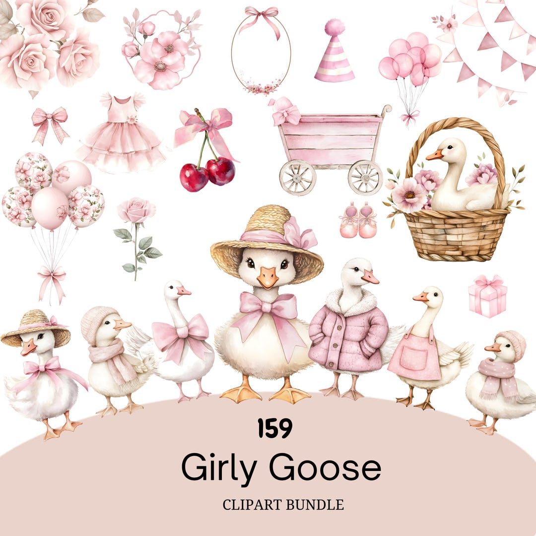 Watercolor Girly Goose Clipart Bundle Pink Ducks Baby Shower Nursery ...