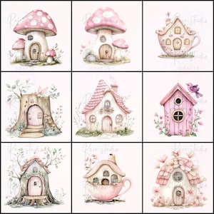 Puede incluir: Nueve ilustraciones en acuarela de casas de hadas caprichosas. Las casas tienen varias formas, incluyendo sombreros de champi&ntilde;ones, tazas de t&eacute;, tocones de &aacute;rboles y formas de casas tradicionales. Cada casa presenta tonos rosas y beige suaves, con acentos florales y naturales.
