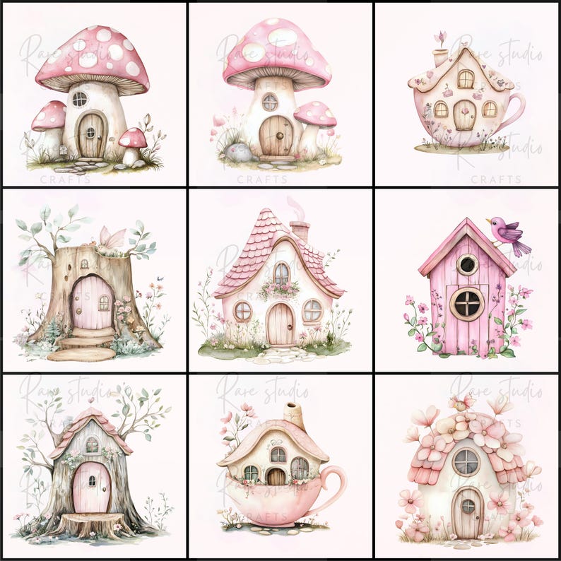 Puede incluir: Nueve ilustraciones en acuarela de casas de hadas caprichosas. Las casas tienen varias formas, incluyendo sombreros de champi&ntilde;ones, tazas de t&eacute;, tocones de &aacute;rboles y formas de casas tradicionales. Cada casa presenta tonos rosas y beige suaves, con acentos florales y naturales.