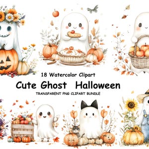 Può includere: Pacchetto di clipart ad acquerello con simpatici personaggi fantasma con zucche, fiori e foglie autunnali. L'immagine include il testo "18 Watercolor Clipart Cute Ghost Halloween Transparent PNG Clipart Bundle". I fantasmi sono in varie pose.