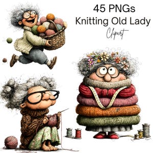 Op de afbeelding: Digitale clipartset met drie illustraties van een cartoon breiende oude dame. Eén afbeelding toont de dame die rent met een mand met garen. Een andere toont haar aan het breien, en de derde toont haar met een stapel gebreide items.