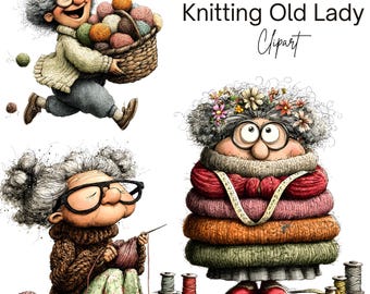 Knitting Old Lady Clipart Bundle Grandma Yarn Crochet PNG Cartoon Illustration Vintage Digital Download