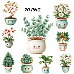Könnte beinhalten: Eine Sammlung von 70 digitalen PNG-Illustrationen mit verschiedenen Topfpflanzen, darunter ein Bonsai, Gänseblümchen, Orchideen, Eukalyptus, eine Sukkulente, ein kleiner Baum, eine Kiefer und Lilien, alle in Töpfen mit Gesichtern.