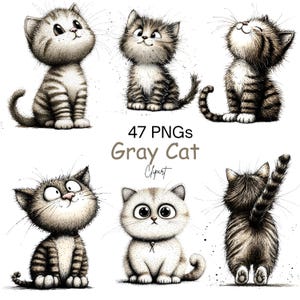Puede incluir: Seis ilustraciones de dibujos animados de gatos grises en varias poses. Los gatos tienen ojos grandes y están en un estilo de acuarela. El texto "47 PNGs Gray Cat Clipart" se muestra debajo.
