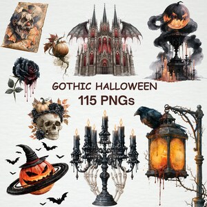 Bundle Clipart Halloween Gótico Catedral Assombrada Castelo Caveiras Corvos Abóboras Velas Download Digital