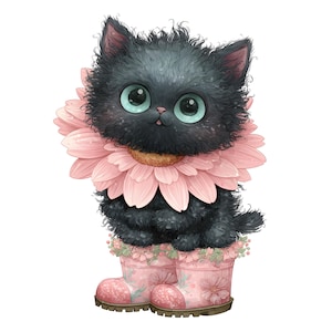 Puede incluir: Ilustración caprichosa de un gatito negro con grandes ojos turquesa. El gatito lleva un collar de margarita rosa y está de pie con botas de agua rosas con flores. La obra de arte tiene un estilo suave y de dibujos animados, ideal para la decoración infantil.