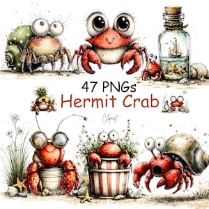 May include: Watercolor illustrations of whimsical hermit crabs in various poses. Some crabs are in shells, others wear sunglasses or have pineapple hats. The image includes the text "47 PNGs Hermit Crab Clipart".