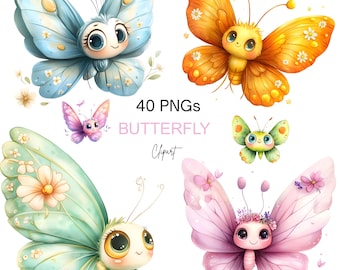 Cartoon Butterfly Flower Clipart PNG Bundle Colorful Spring Butterflies Floral Graphics Sublimation Digital Download