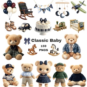 Könnte beinhalten: Eine Sammlung von Baby-Themen-Illustrationen, darunter Teddybären, ein Schaukelstuhl, ein Kuchen, ein Kinderbett und eine Spielzeugeisenbahn. Das Bild zeigt eine Farbpalette aus Blau-, Grün- und Brauntönen mit dem Text "Classic Baby 159 PNGs".
