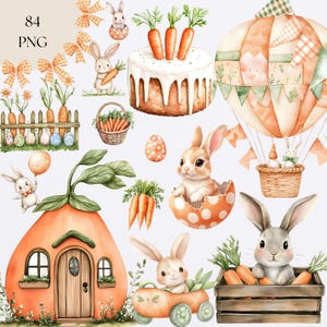 May include: Watercolor illustrations of Easter-themed elements. The image features bunnies, carrots, decorated eggs, a carrot house, a cake with carrots, a hot air balloon, and bows in shades of orange, green, and white. The text "84 PNG" is in the upper left corner.