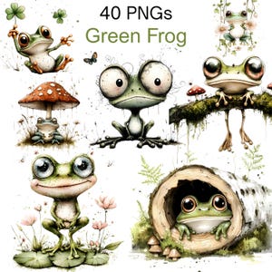 May include: A collection of watercolor illustrations featuring whimsical green frogs in various poses. The image includes frogs with large eyes, some holding clovers or sitting under mushrooms, and the text "40 PNGs Green Frog".