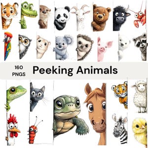 Puede incluir: Ilustraciones de animales de dibujos animados, cada uno asomándose por detrás de un borde blanco. La imagen incluye un tigre, un caimán, una nutria, un panda, una cabra, un oso y más. El texto dice "160 PNGs" y "Peeking Animals".
