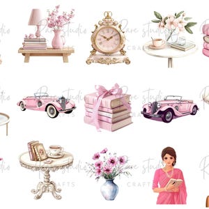 Lifestyle clipart bundle with chic girly PNGs, pink fashion clipart, planner stickers, and journal art