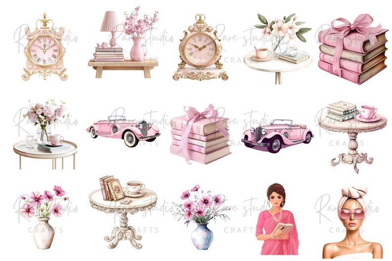 Lifestyle clipart bundle with chic girly PNGs, pink fashion clipart, planner stickers, and journal art