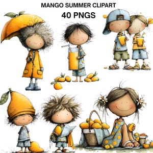 Könnte beinhalten: Digitale Illustration mit Cartoonfiguren, die den Sommer genießen. Das Bild zeigt Kinder mit mango-förmigen Hüten, die Saft halten, und einen Korb mit Mangos. Der Text oben lautet "MANGO SUMMER CLIPART" und "40 PNGS".