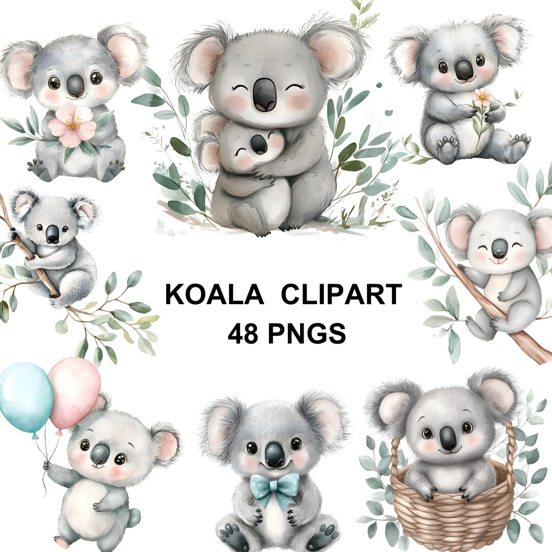 Watercolor Koala Clipart Bundle Nursery Animals PNG Baby Shower ...