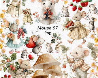 Whimsical Spring Mouse Clipart Bundle PNG, Floral Strawberry Cottagecore Watercolor Digital Download