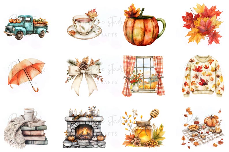 Cozy Fall Clipart Bundle Autumn Elements 112 PNG Watercolor Decor ...