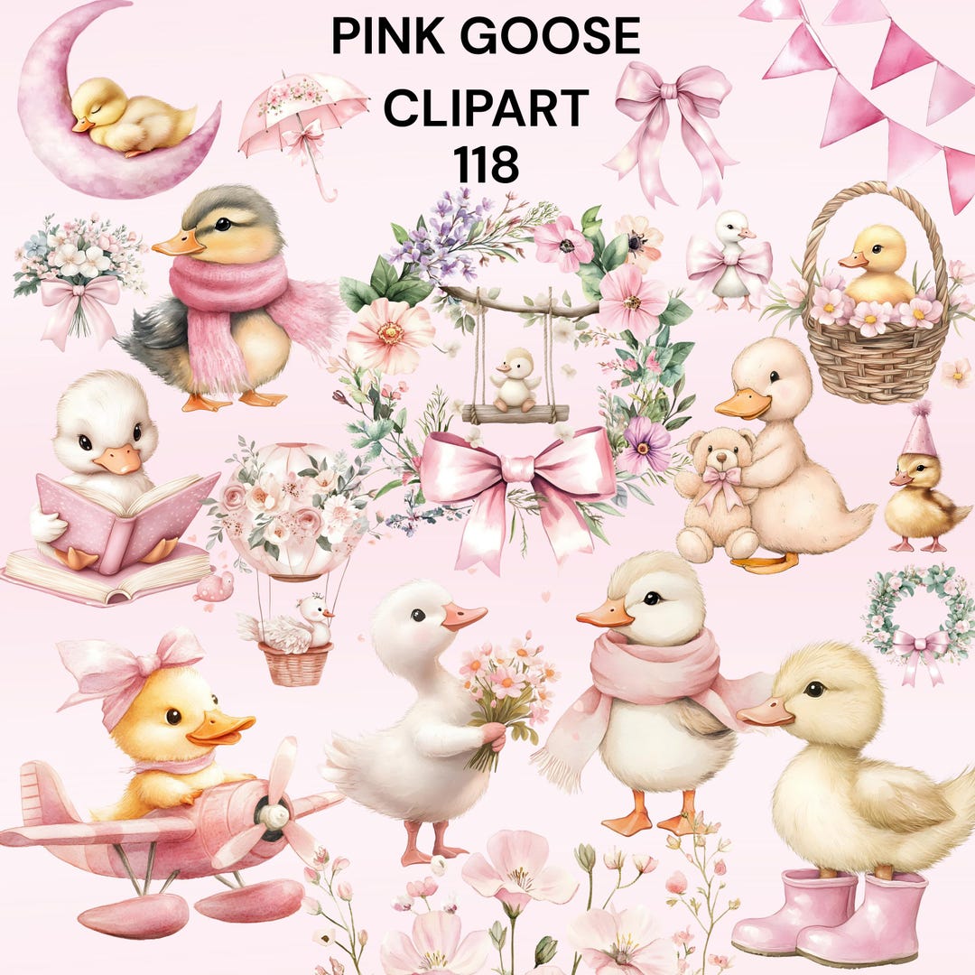 Pink Goose Clipart Bundle Watercolor Baby Shower Nursery Duck PNG ...