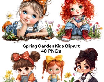 Spring Garden Kids Clipart Bundle Gardening Girl PNG High Resolution Commercial Use Artwork