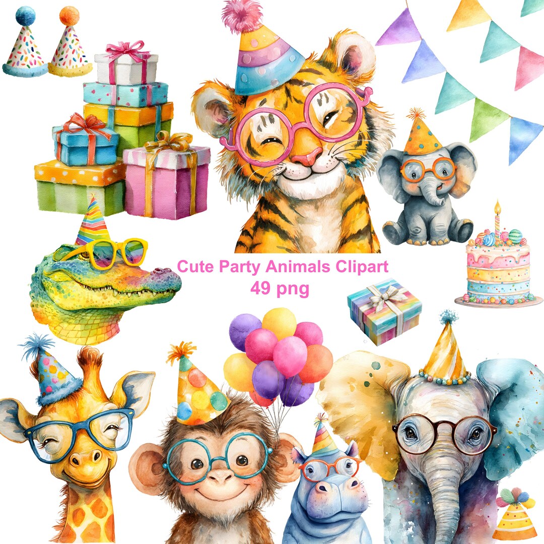 Party Animals Clipart Bundle 49 PNG Watercolor Jungle Birthday Animal ...