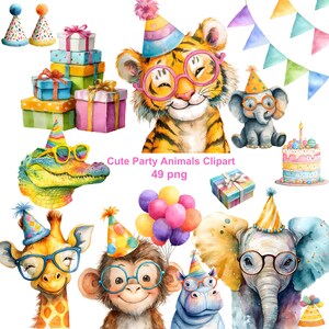 Peut inclure: Ensemble de cliparts aquarelles avec des animaux de fête mignons, dont un tigre, un éléphant, une girafe, un singe et un hippopotame, tous portant des chapeaux de fête et des lunettes. L'image comprend également des boîtes cadeaux, des ballons et un gâteau. Texte : "Cute Party Animals Clipart 49 png."