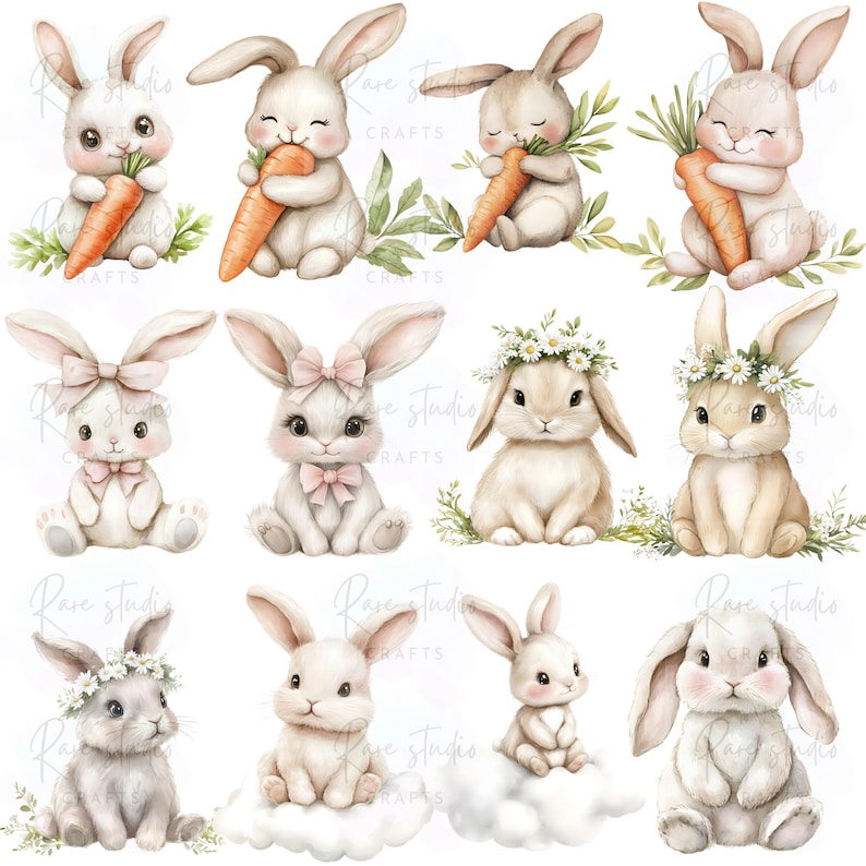 Watercolor Baby Bunny Clipart Bundle PNG, Rabbit Nursery Art ...